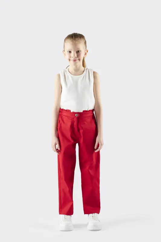 Girl's Belt Ruffle Detail Red Pants-0 - PANÇO