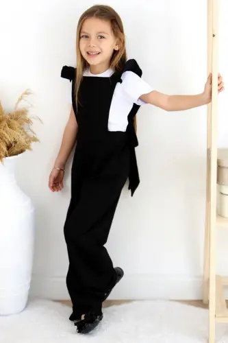 Girls Berlin Black Cotton Frilled Tie Detail Jumpsuit Salopette Buckle Set - PARLA KIDS (1)