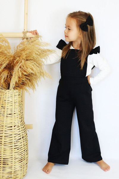 Girls Berlin Black Cotton Frilled Tie Detail Jumpsuit Salopette Buckle Set - 10