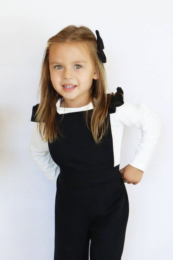 Girls Berlin Black Cotton Frilled Tie Detail Jumpsuit Salopette Buckle Set - 13