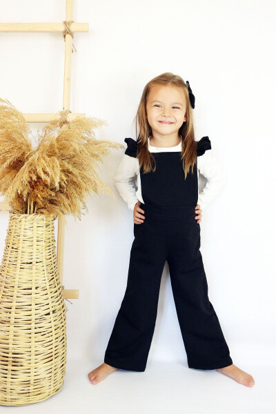 Girls Berlin Black Cotton Frilled Tie Detail Jumpsuit Salopette Buckle Set - 14