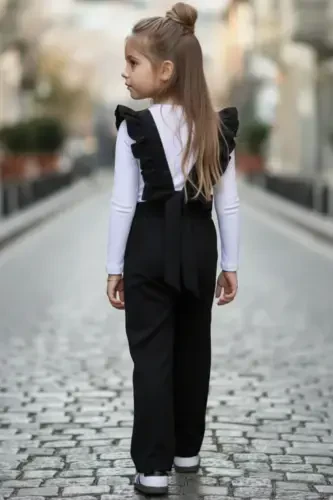Girls Berlin Black Cotton Frilled Tie Detail Jumpsuit Salopette Buckle Set - 1