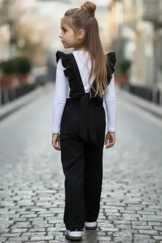 Girls Berlin Black Cotton Frilled Tie Detail Jumpsuit Salopette Buckle Set - 1