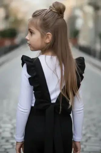 Girls Berlin Black Cotton Frilled Tie Detail Jumpsuit Salopette Buckle Set - 2