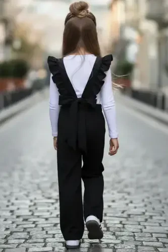 Girls Berlin Black Cotton Frilled Tie Detail Jumpsuit Salopette Buckle Set - 3