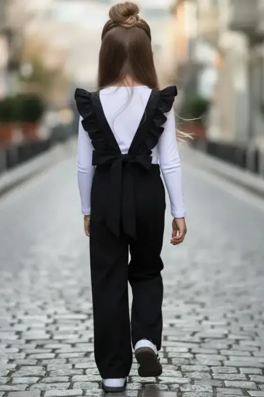 Girls Berlin Black Cotton Frilled Tie Detail Jumpsuit Salopette Buckle Set - 3