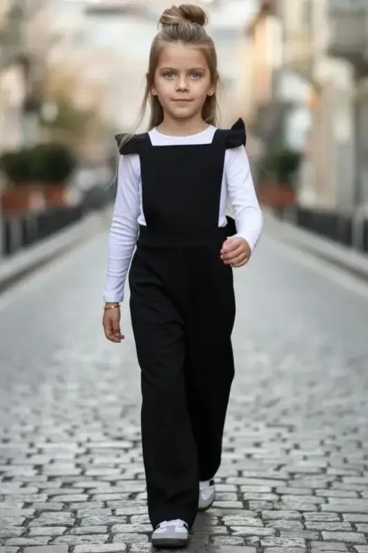 Girls Berlin Black Cotton Frilled Tie Detail Jumpsuit Salopette Buckle Set - 4