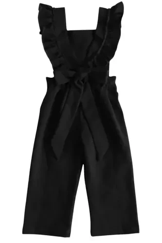 Girls Berlin Black Cotton Frilled Tie Detail Jumpsuit Salopette Buckle Set - 6