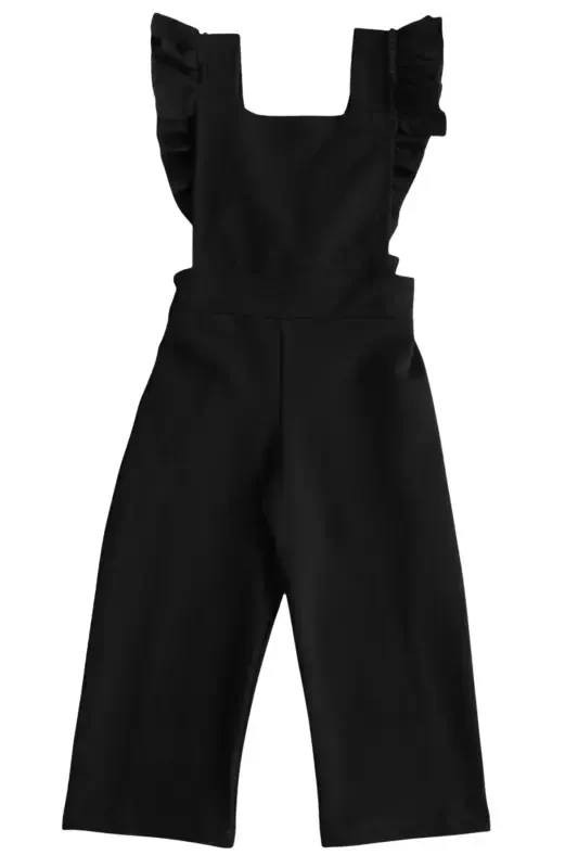 Girls Berlin Black Cotton Frilled Tie Detail Jumpsuit Salopette Buckle Set - 7