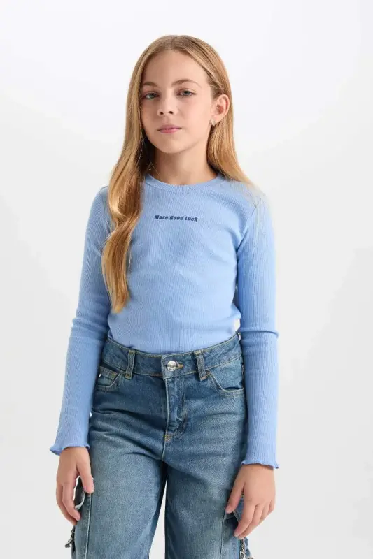 Girls' Bike Collar Printed Ribbed Knit Long Sleeve T-Shirt-Blue - 1