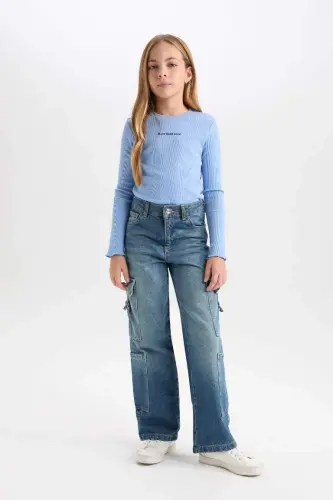 Girls' Bike Collar Printed Ribbed Knit Long Sleeve T-Shirt-Blue - 2