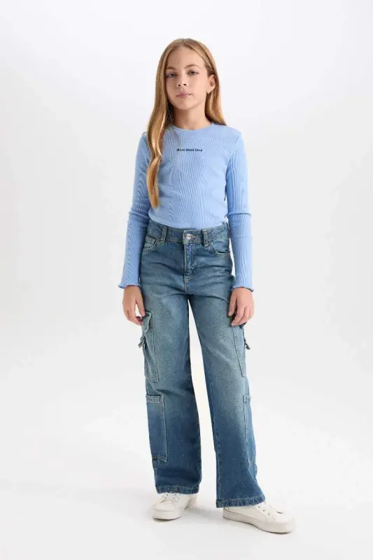 Girls' Bike Collar Printed Ribbed Knit Long Sleeve T-Shirt-Blue - 2