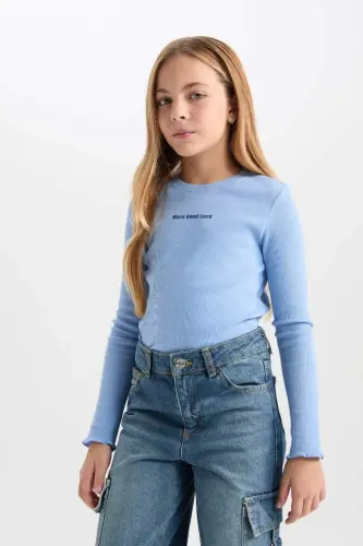 Girls' Bike Collar Printed Ribbed Knit Long Sleeve T-Shirt-Blue - 3