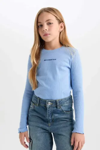 Girls' Bike Collar Printed Ribbed Knit Long Sleeve T-Shirt-Blue - 4