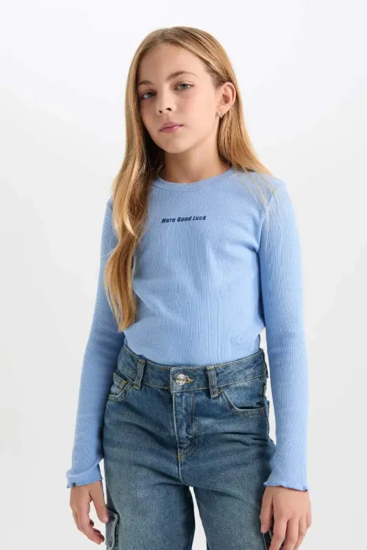 Girls' Bike Collar Printed Ribbed Knit Long Sleeve T-Shirt-Blue - 4