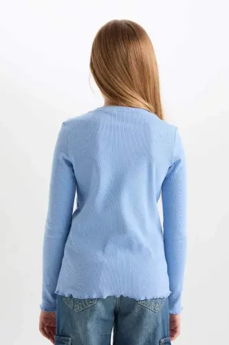 Girls' Bike Collar Printed Ribbed Knit Long Sleeve T-Shirt-Blue - 6