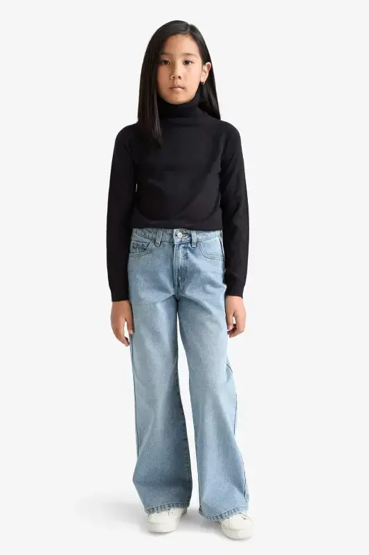 Girl's Black Basic Plain Turtleneck Sweater R1953A623WN-Black - 2