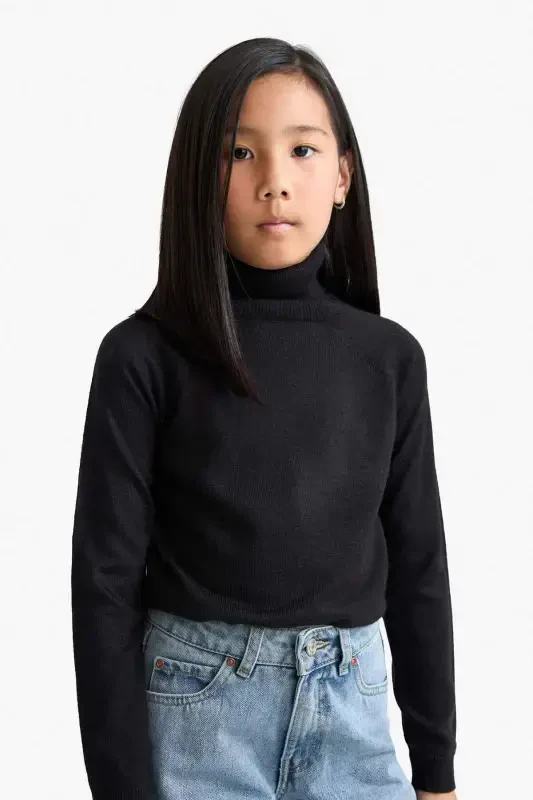 Girl's Black Basic Plain Turtleneck Sweater R1953A623WN-Black - 3