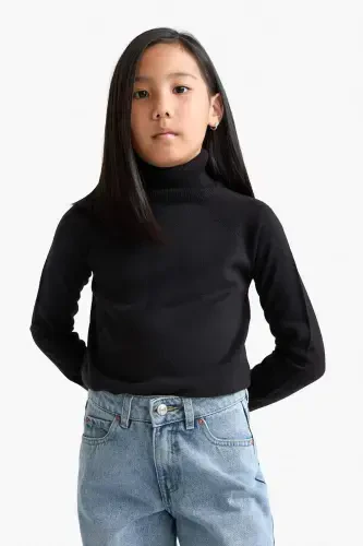 Girl's Black Basic Plain Turtleneck Sweater R1953A623WN-Black - 5