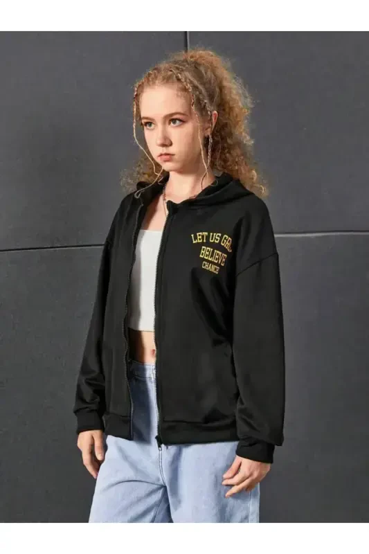 Girl's Black Hooded Zippered Fleece Believe Change Printed Cardigan-Black98 - MORNİNG KİDS