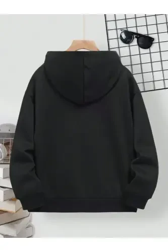 Girl's Black Hooded Zippered Fleece Believe Change Printed Cardigan-Black98 - MORNİNG KİDS (1)