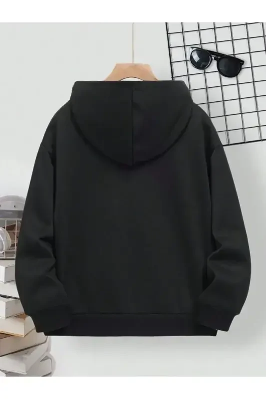 Girl's Black Hooded Zippered Fleece Believe Change Printed Cardigan-Black98 - 2