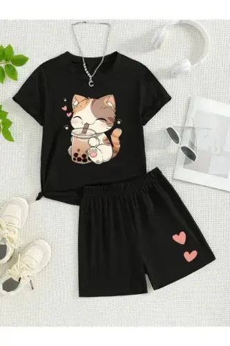 Girl's Black Kitten and Hearts Print Jersey Shorts T-shirt Set-BLACK2 - LOUİSA (1)