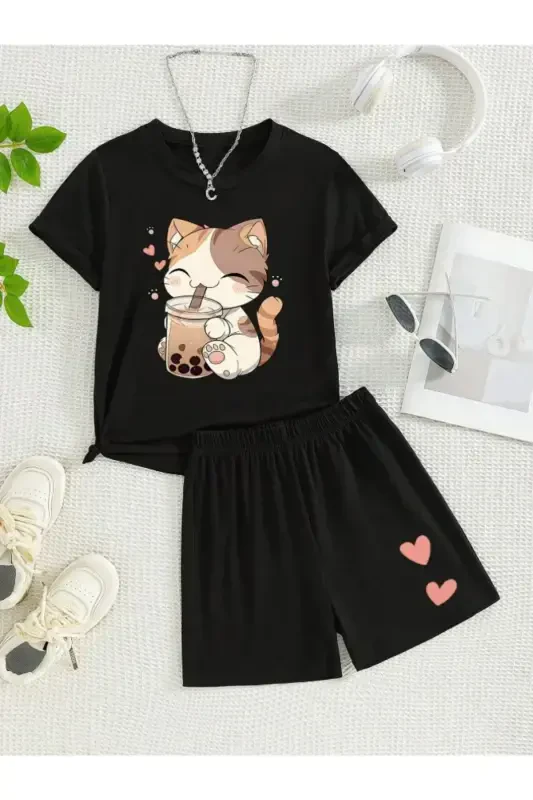 Girl's Black Kitten and Hearts Print Jersey Shorts T-shirt Set-BLACK2 - 2