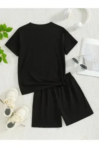 Girl's Black Kitten and Hearts Print Jersey Shorts T-shirt Set-BLACK2 - 3