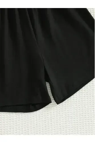 Girl's Black Kitten and Hearts Print Jersey Shorts T-shirt Set-BLACK2 - 4