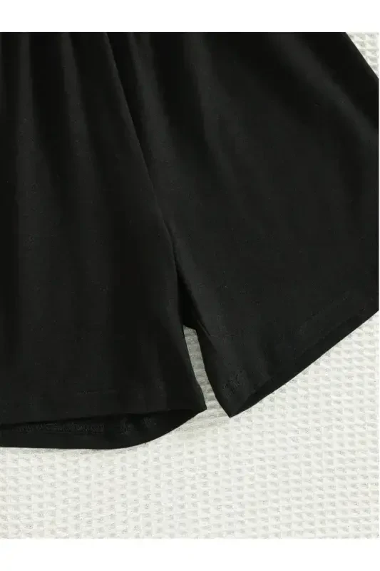 Girl's Black Kitten and Hearts Print Jersey Shorts T-shirt Set-BLACK2 - 4