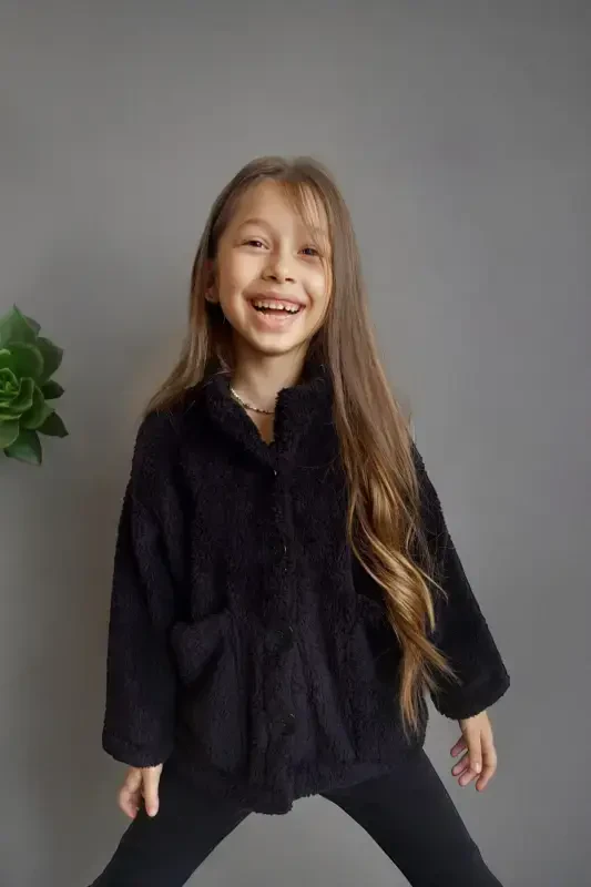 Girl's Black Plush Jacket You Can Buy According to the Size Chart-BLACK - 2