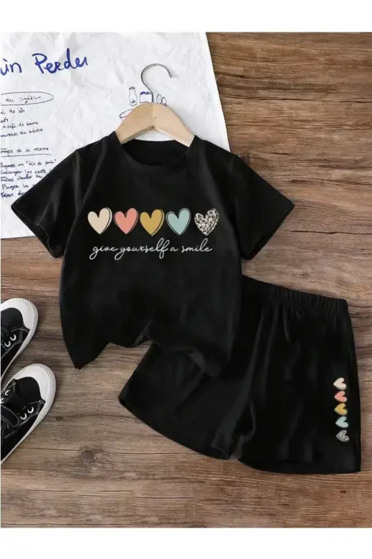 Girl's Black Set with Colorful Hearts Print Shorts & T-Shirt - Black77 - 1