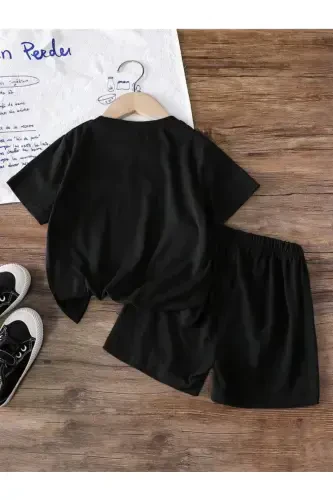 Girl's Black Set with Colorful Hearts Print Shorts & T-Shirt - Black77 - LOUİSA (1)