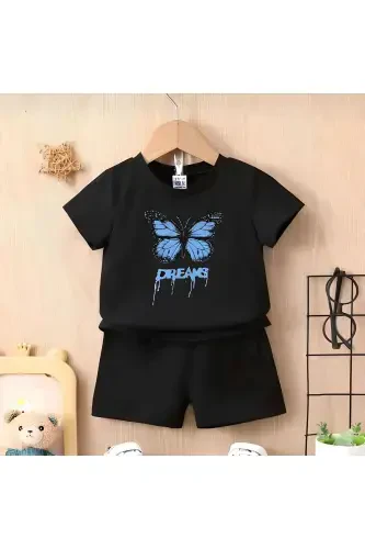 Girl's Black Shorts-T-shirt Blue Dreams Printed Set-blackh - 1