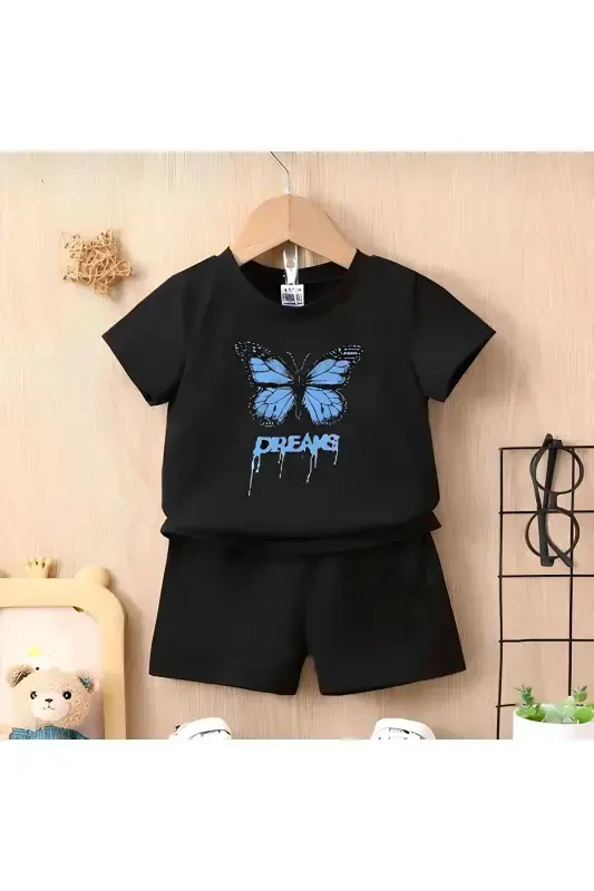 Girl's Black Shorts-T-shirt Blue Dreams Printed Set-blackh - 1