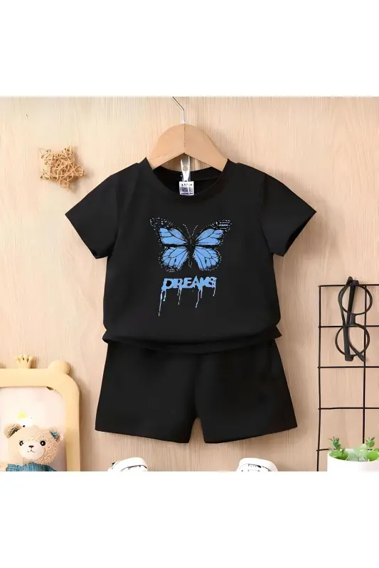 Girl's Black Shorts-T-shirt Blue Dreams Printed Set-blackh - LOUİSA