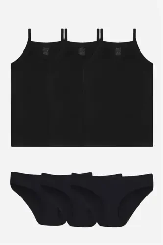 Girl's Black Tank Top Panty Set 3-Pack 100% Cotton - 1