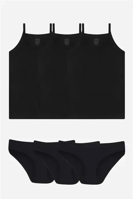 Girl's Black Tank Top Panty Set 3-Pack 100% Cotton - BÜYÜKBEDENIZ