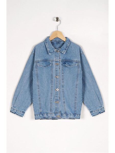 Girls Blue Button Detail Flap Pocket Denim Jacket - 7