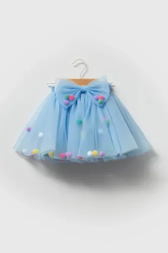 Girl's Blue Pom-Pom Tutu Skirt - Blue 