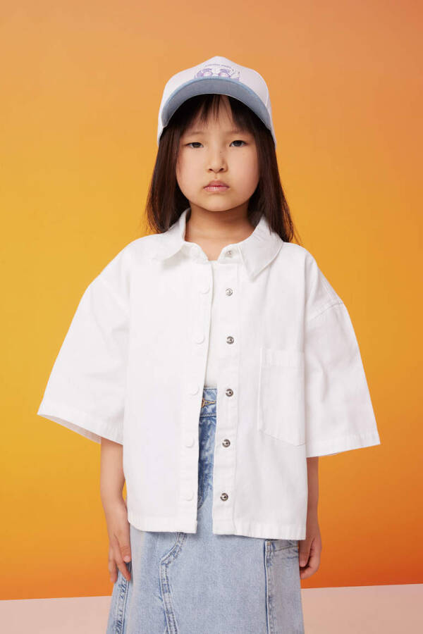 Girls' Boxy Fit Cotton Short Sleeve Shirt White - 1