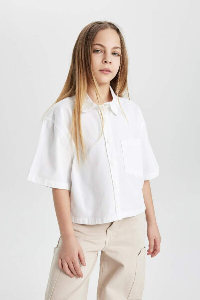 Girls' Boxy Fit Cotton Short Sleeve Shirt White - 4