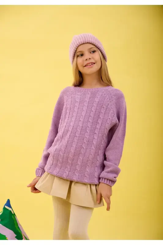Girl's Braided Knit Sweater-LILAC - NISRAKIDS