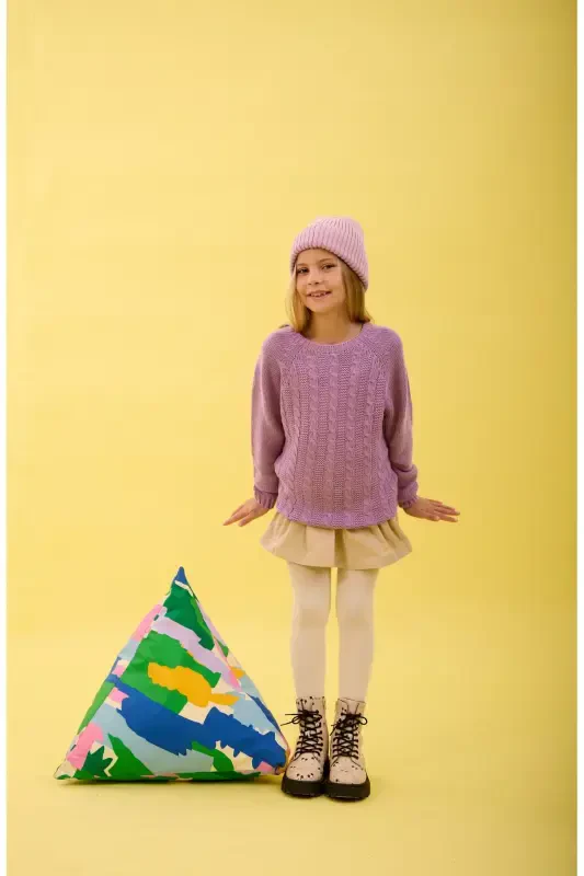 Girl's Braided Knit Sweater-LILAC - 2