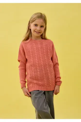 Girl's Braided Knit Sweater-SALMON - 1