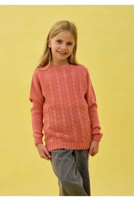 Girl's Braided Knit Sweater-SALMON - 1