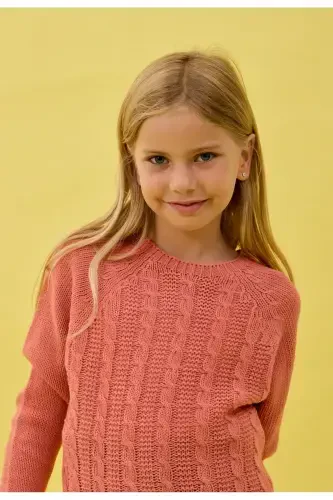 Girl's Braided Knit Sweater-SALMON - NISRAKIDS (1)