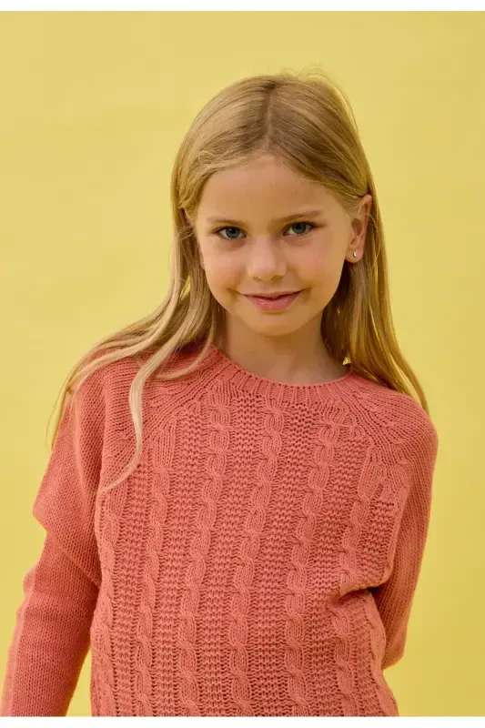Girl's Braided Knit Sweater-SALMON - 2