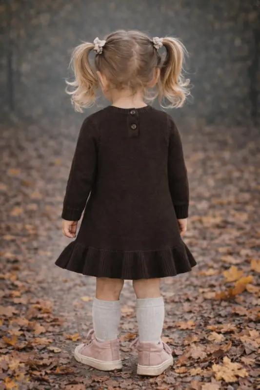 Girl's Brown Long Sleeve Knitted Dress-brown - 4